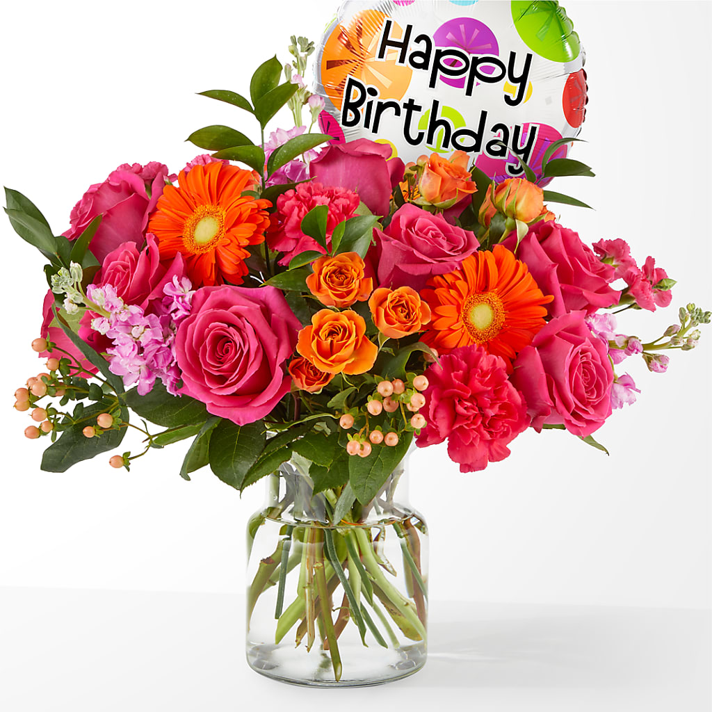 Fiesta Bouquet with Birthday Balloon – Fleuriste East Angus Et Maison Du Cadeau, East Angus PQ