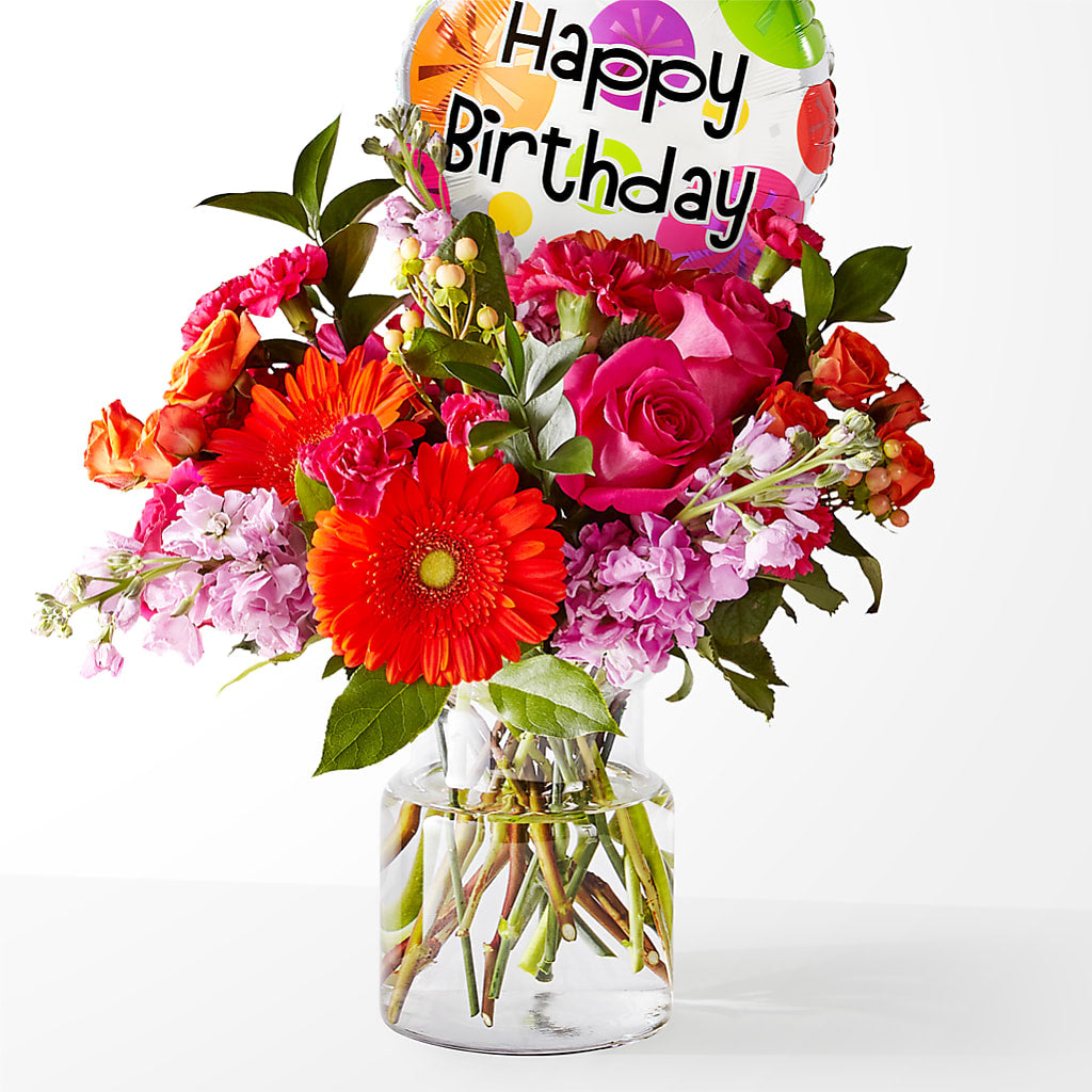 Fiesta Bouquet with Birthday Balloon – Fleuriste East Angus Et Maison Du Cadeau, East Angus PQ